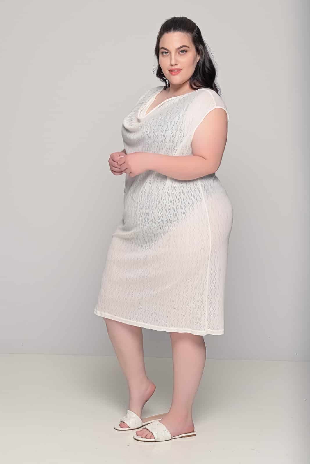 Plus size Εκρού Μπλουζοφόρεμα Ντραπέ - PsX Fashion