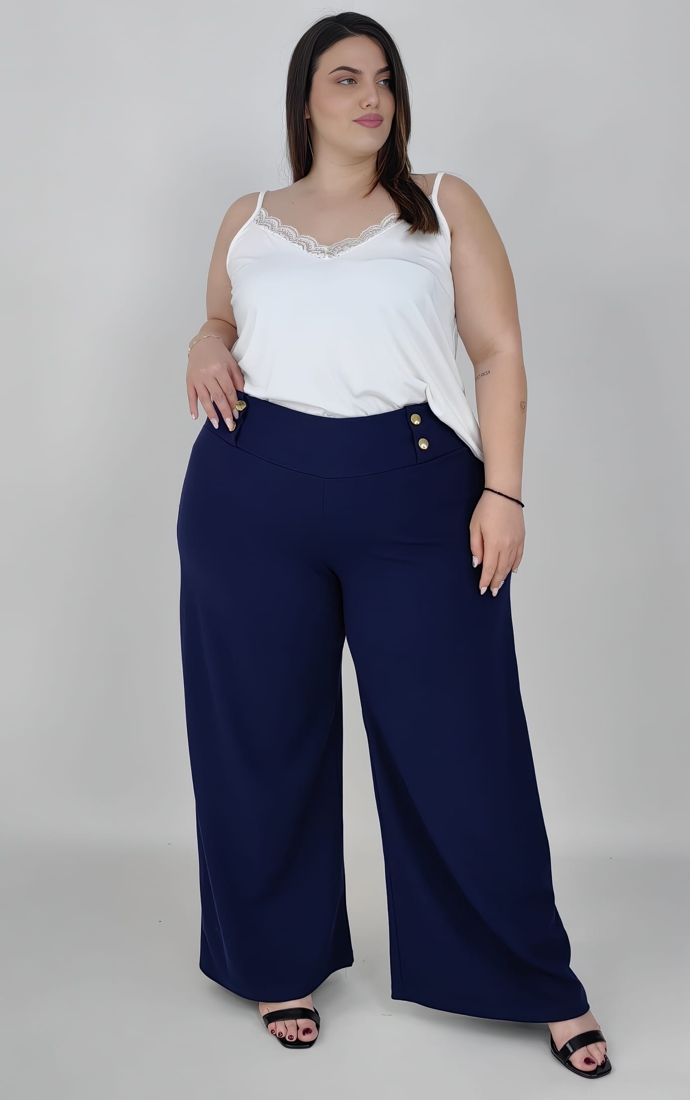 Plus size μπλε παντελόνα από κρεπ, Παντελονοκολάν μεγάλα μεγέθη κρεπ μαύρο με 