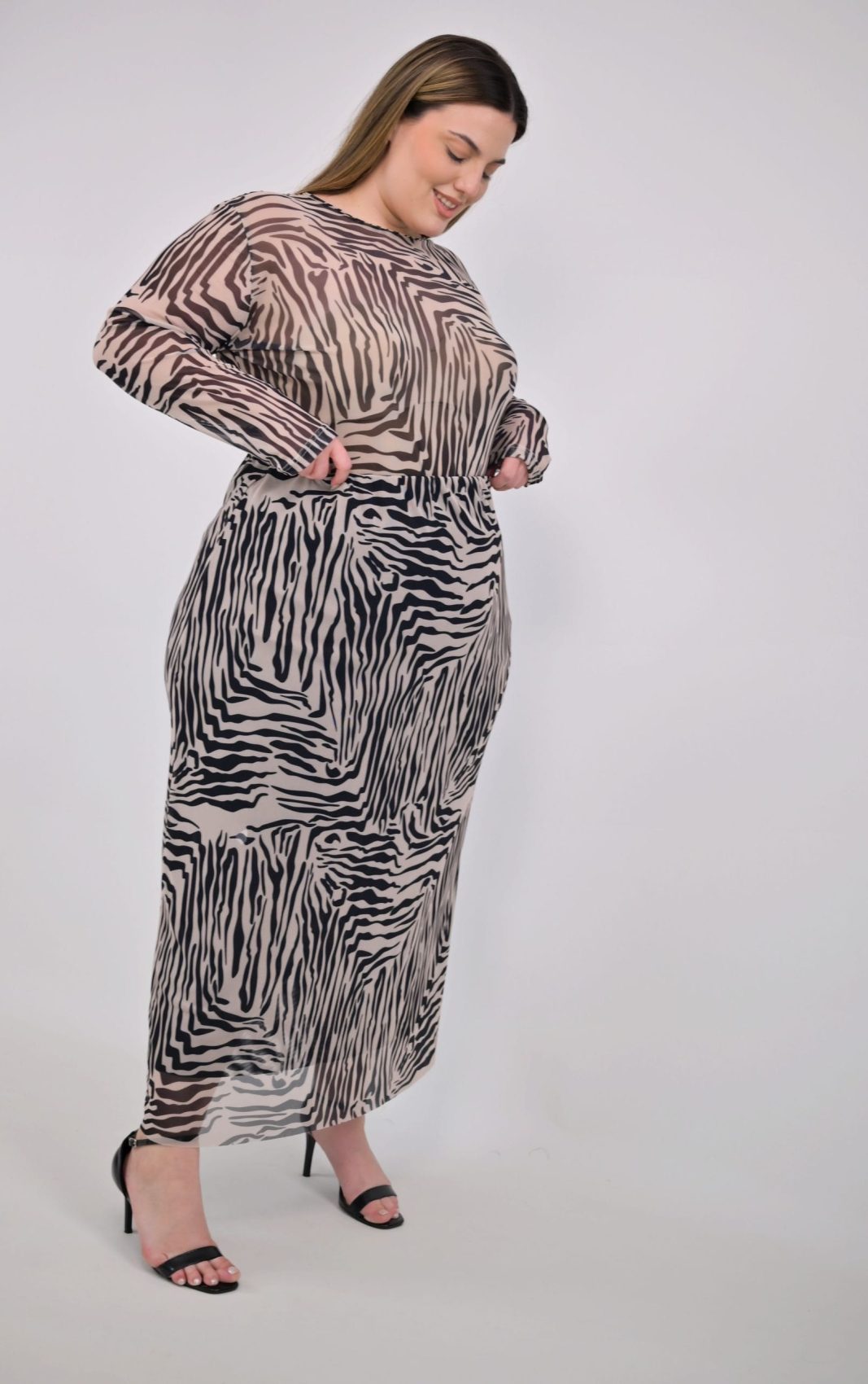 Plus Size Φούστα Τούλινη Εμπριμέ Ψηλόμεση