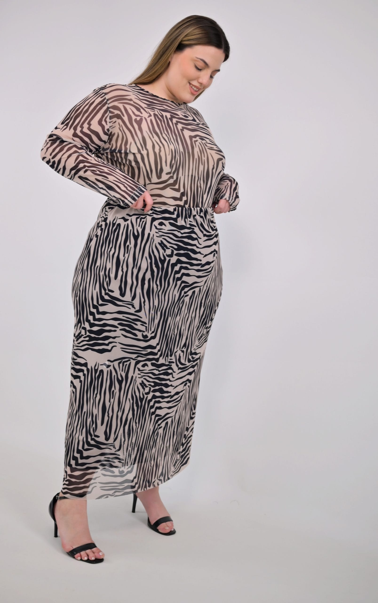 Plus Size Φούστα Τούλινη Εμπριμέ Ψηλόμεση