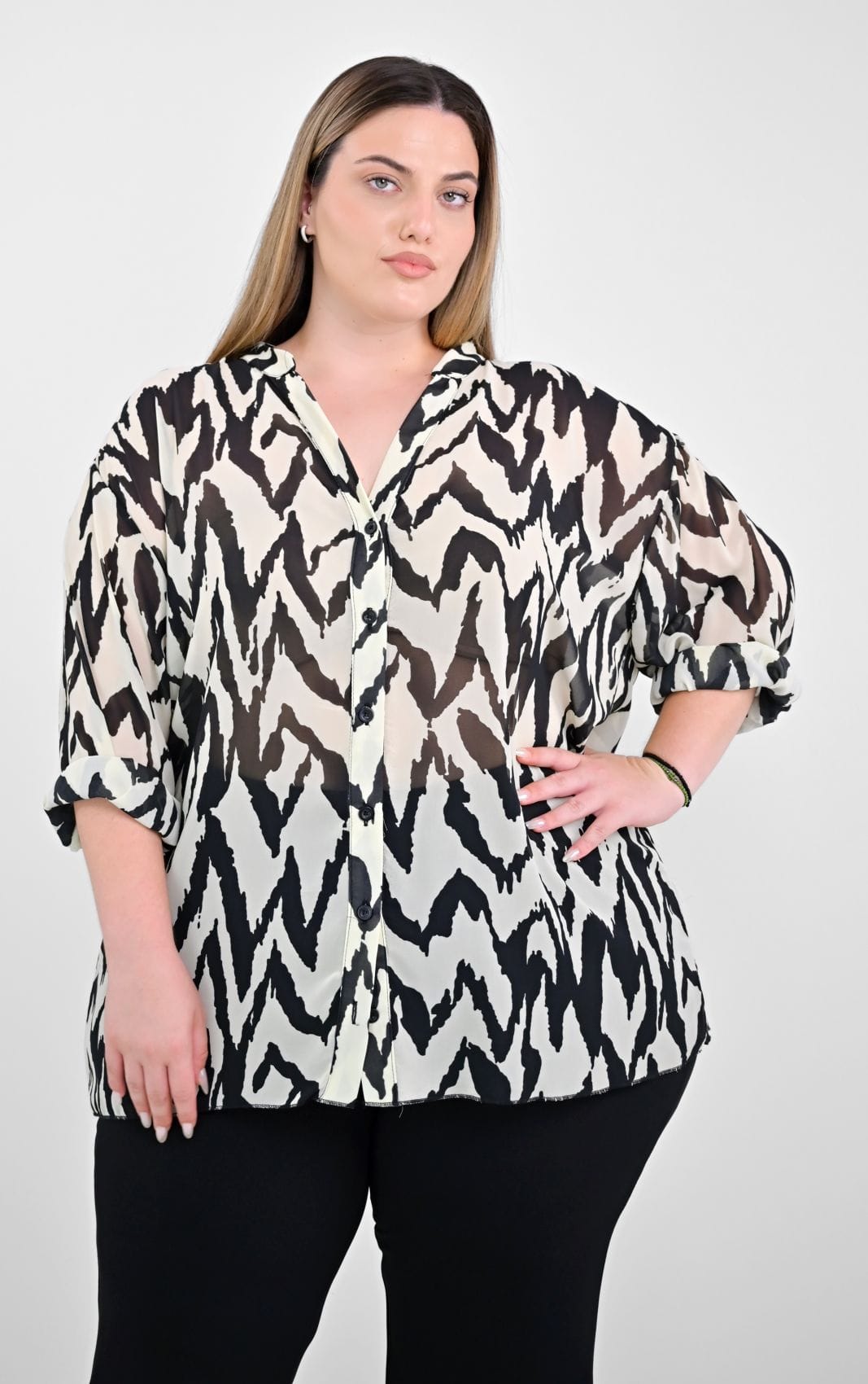 Plus Size Abstract Πουκάμισο, Πουκάμισο μεγάλα μεγέθη μαύρο μουσελίνα 