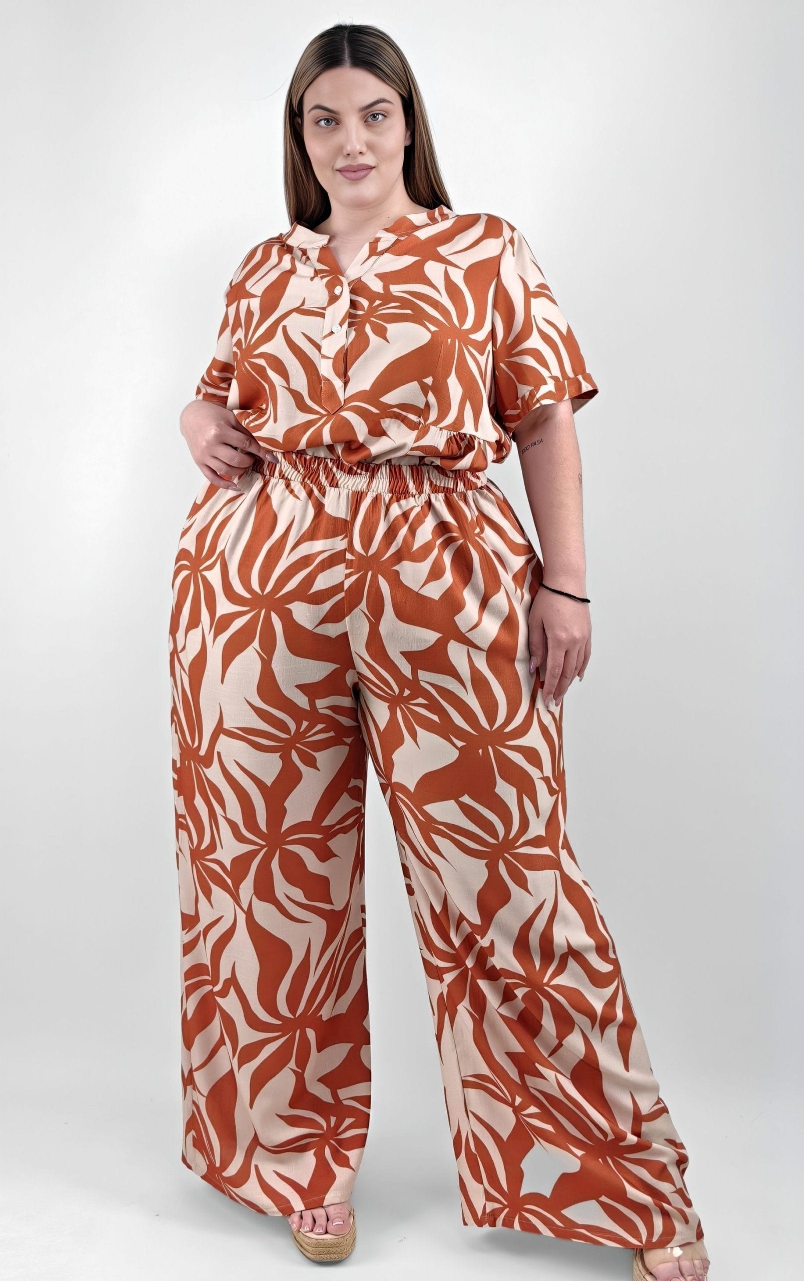 Plus Size Παντελόνα Τερακότα Tropical – Άνετη & Στυλάτη | PSX Fashion