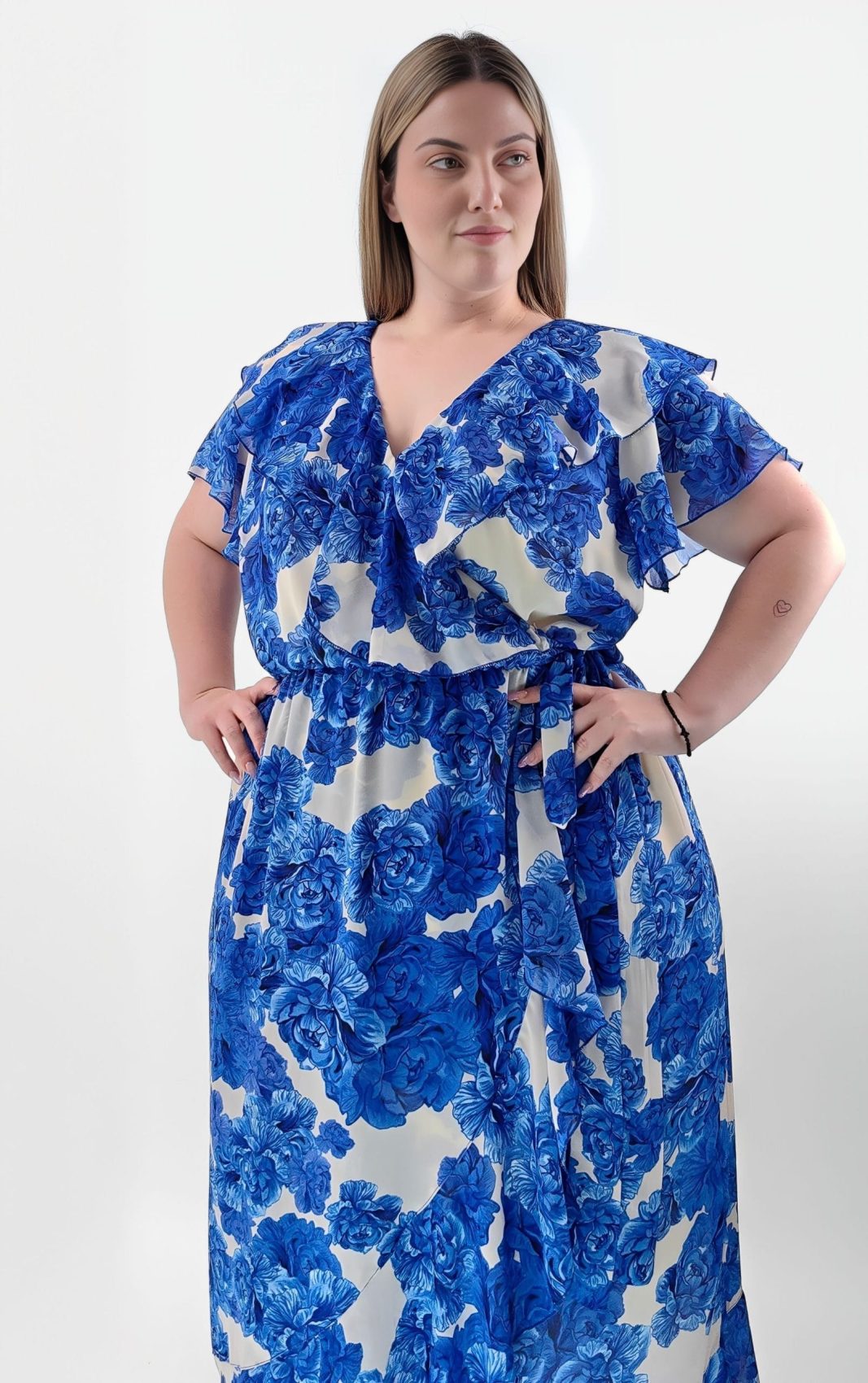 Plus Size Φόρεμα Μπλε Λουλούδια με Βολάν και Ζώνη | PSX Collection