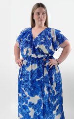 Plus Size Φόρεμα Μπλε Λουλούδια με Βολάν και Ζώνη | PSX Collection