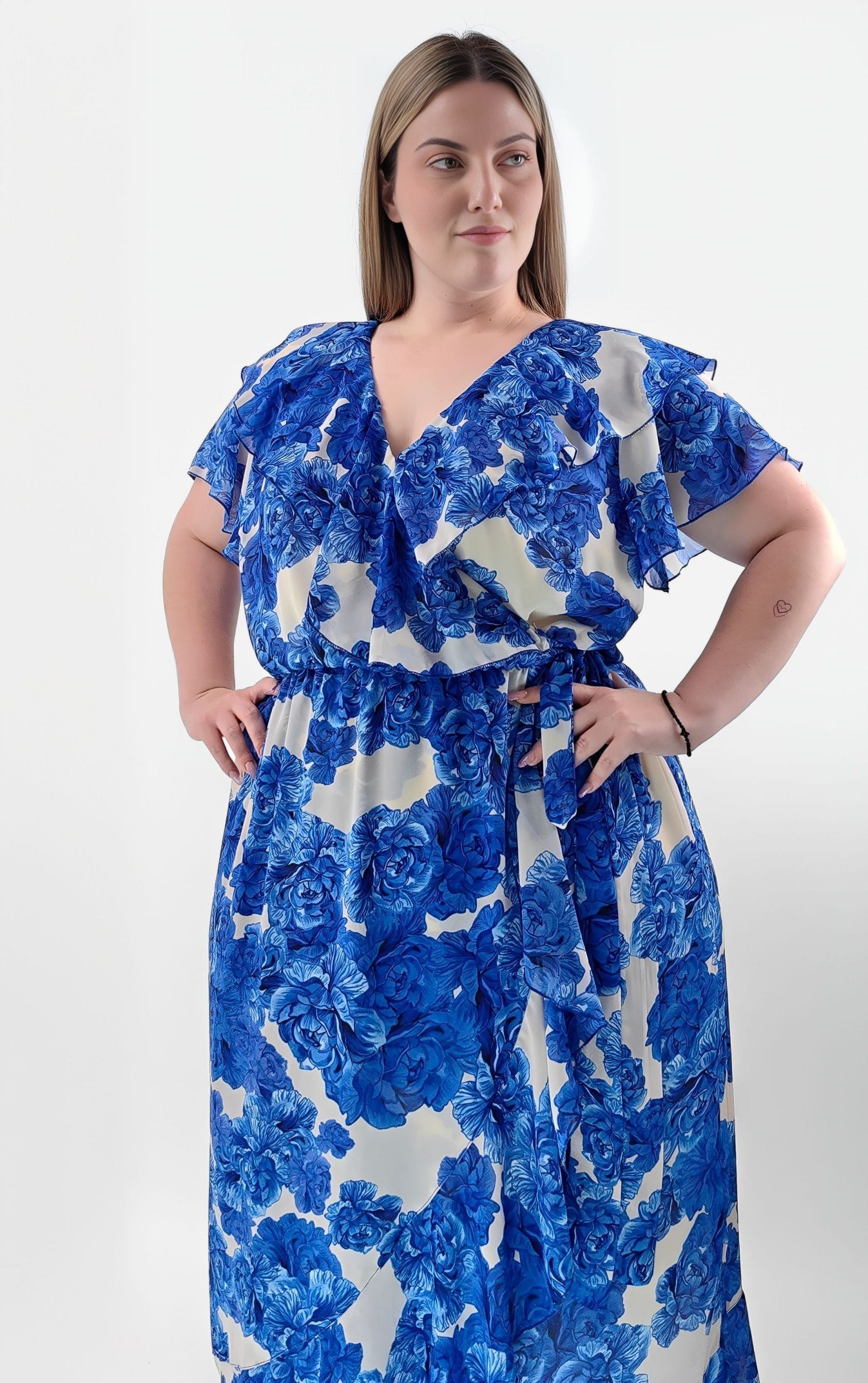 Plus Size Φόρεμα Μπλε Λουλούδια με Βολάν και Ζώνη | PSX Collection