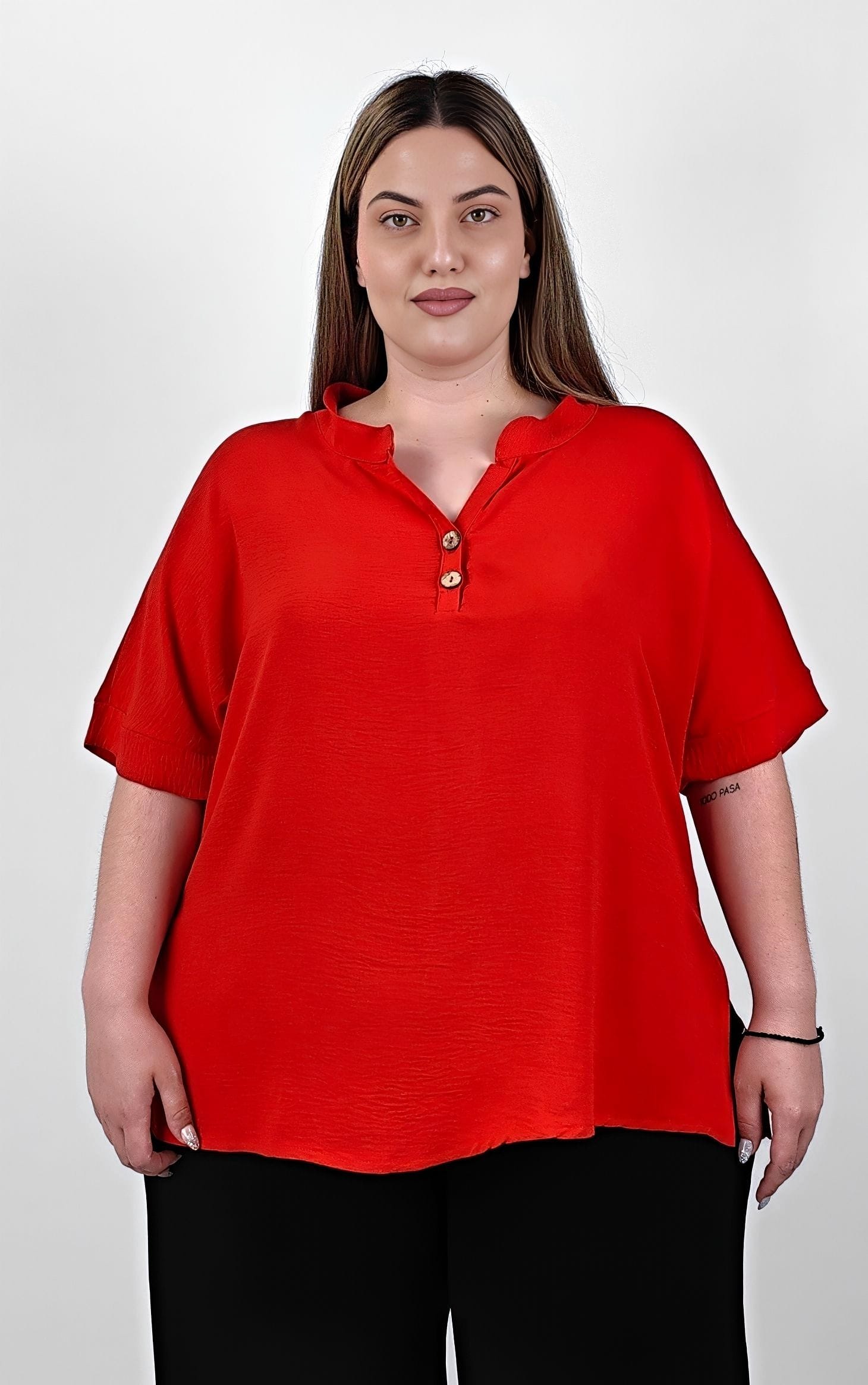 Plus size μπλούζα κόκκινη με μαο γιακά και ξύλινα κουμπιά