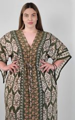 Plus Size Χακί Εμπριμέ Φόρεμα με Σούρα στη Μέση