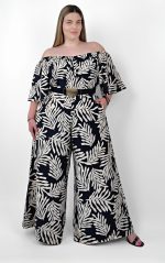 Plus Size Ολόσωμη Φόρμα Μαύρη Με Print Φύλλων | PSX Fashion