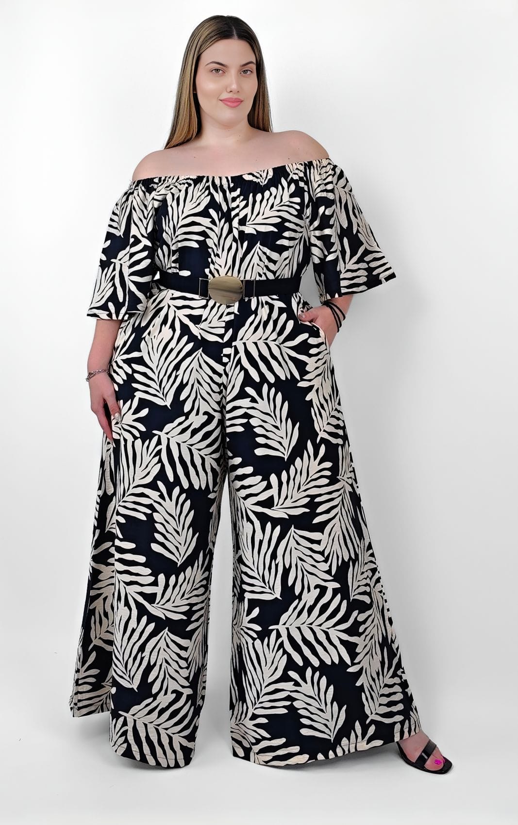 Plus Size Ολόσωμη Φόρμα Μαύρη Με Print Φύλλων | PSX Fashion