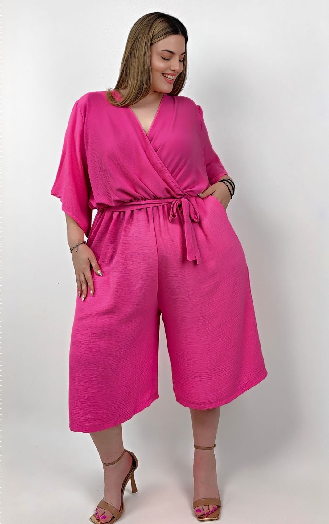 Plus size ροζ ολόσωμη βερμούδα με ελαστικό ύφασμα – PsX Fashion