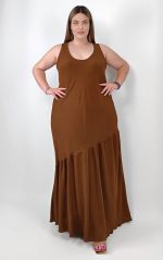 Plus Size Μάξι Φόρεμα Καφέ Αμάνικο Ελαστικό με Βολάν