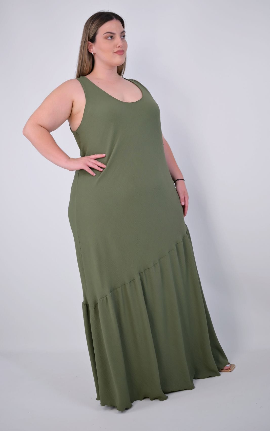 Plus Size Μάξι Φόρεμα Χακί Αμάνικο Ελαστικό με Βολάν