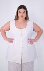 Plus size λευκό αμάνικο σακάκι με χρυσά κουμπιά