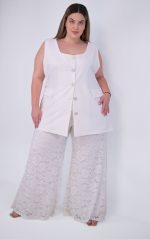 Plus Size Λευκή Παντελόνα Καμπάνα Δαντέλα | PsX Fashion