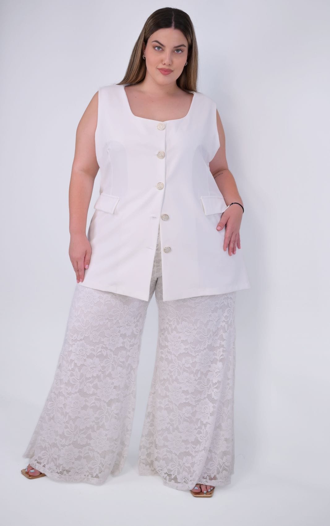 Plus Size Λευκή Παντελόνα Καμπάνα Δαντέλα | PsX Fashion