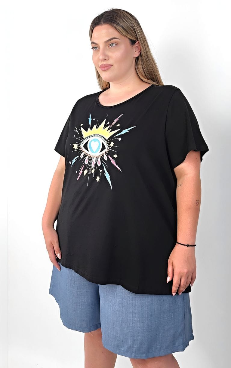 Plus Size Μπλούζα Μαύρη Βαμβακερή Με Στάμπα