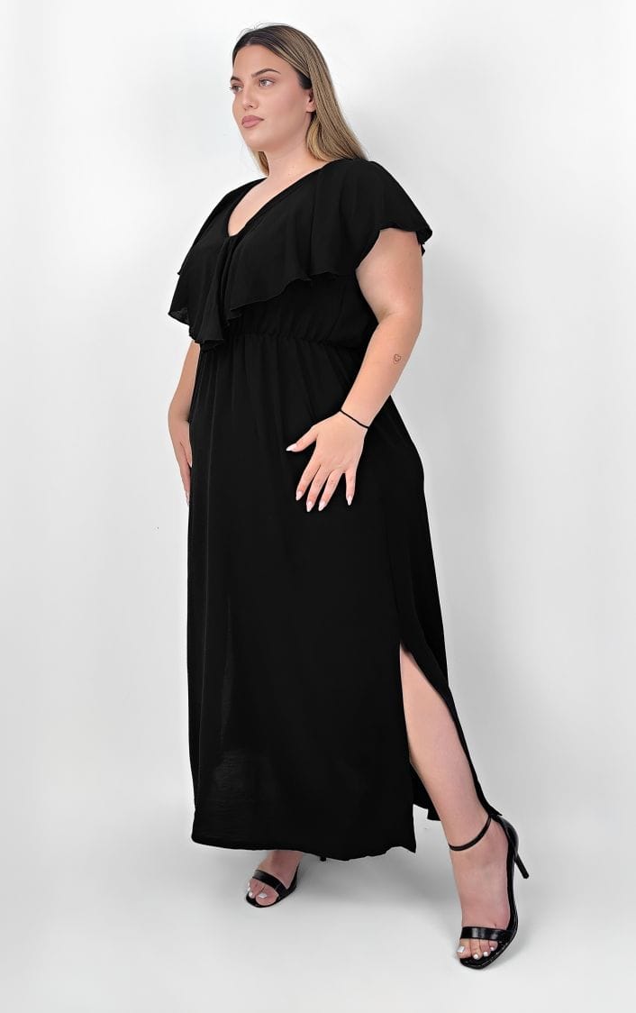 plus size μαύρο φόρεμα με βολάν