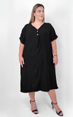 Plus Size Μαύρο Φόρεμα Με V Λαιμόκοψη Και Κουμπάκια – Άνετη Γραμμή