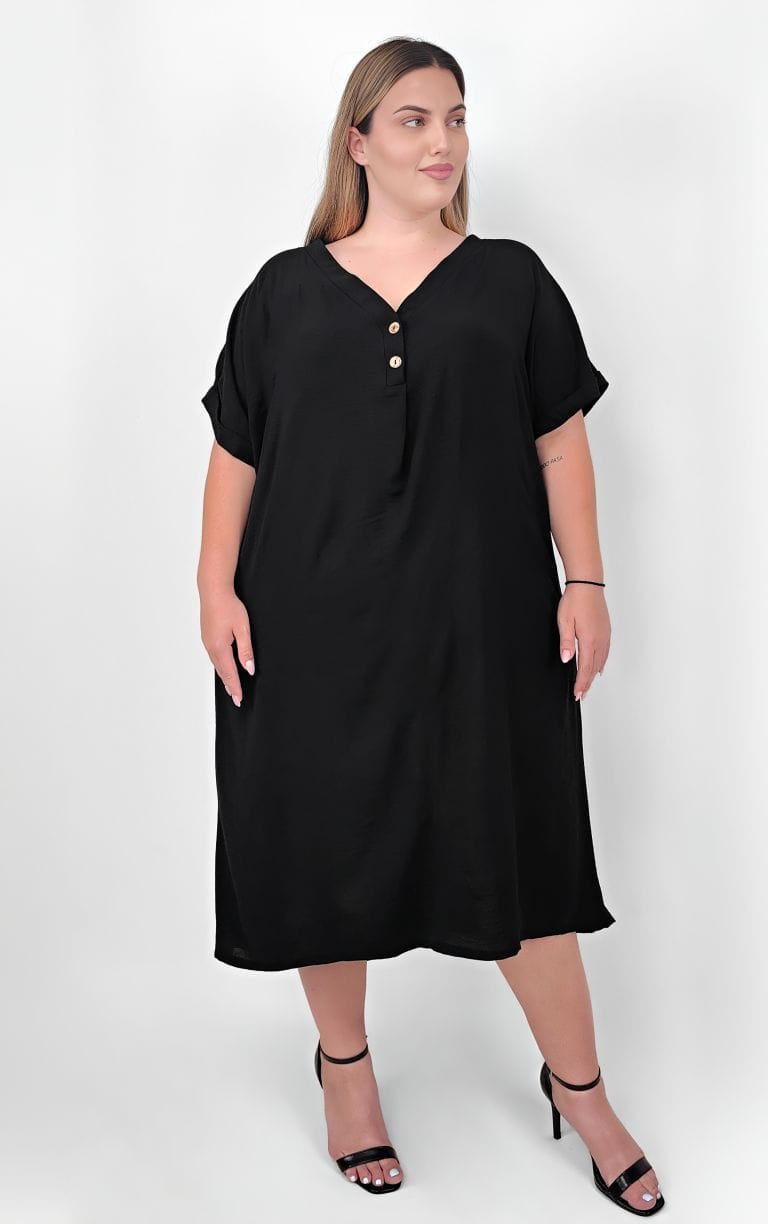 Plus Size Μαύρο Φόρεμα Με V Λαιμόκοψη Και Κουμπάκια – Άνετη Γραμμή