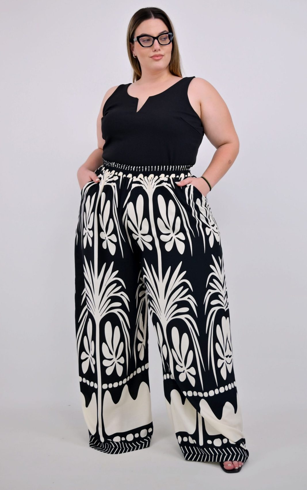 Plus Size Παντελόνα Εμπριμέ με Λάστιχο