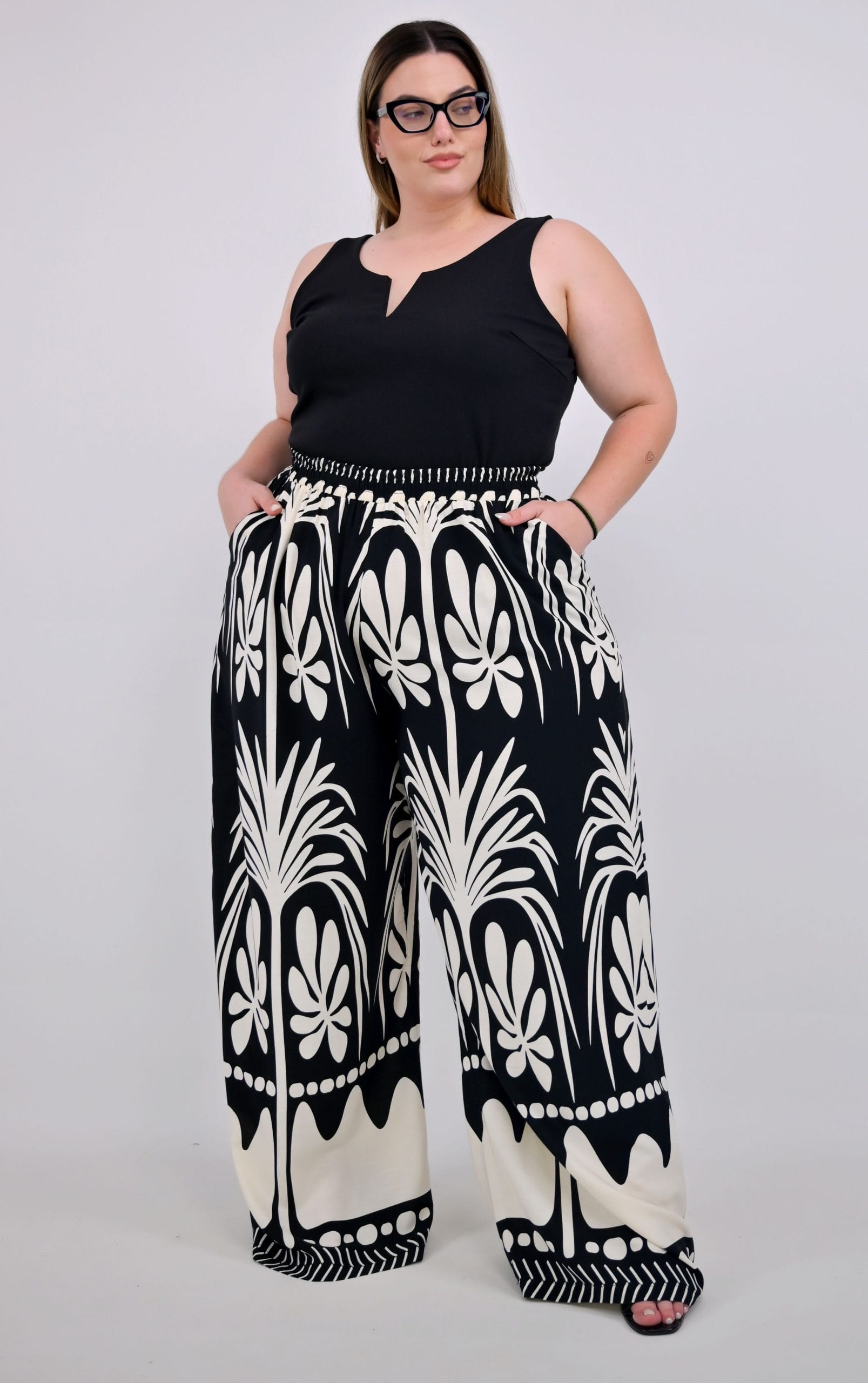 Plus Size Παντελόνα Εμπριμέ με Λάστιχο