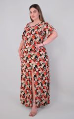 Plus Size Μάξι Φόρεμα Βισκόζ Μαύρο-Κόκκινο