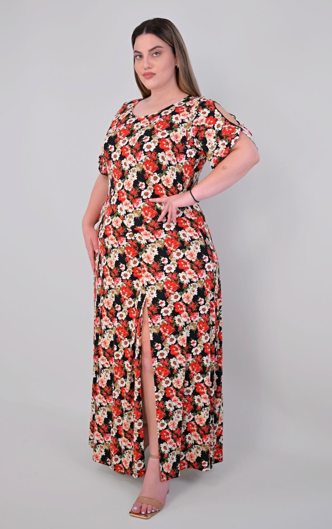 Plus Size Μάξι Φόρεμα Βισκόζ Μαύρο-Κόκκινο