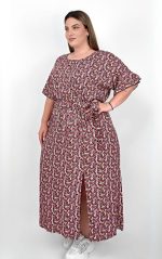 Plus Size Φόρεμα Ροζ Μπεζ Φλοράλ με Ζώνη και Κοντό Μανίκι