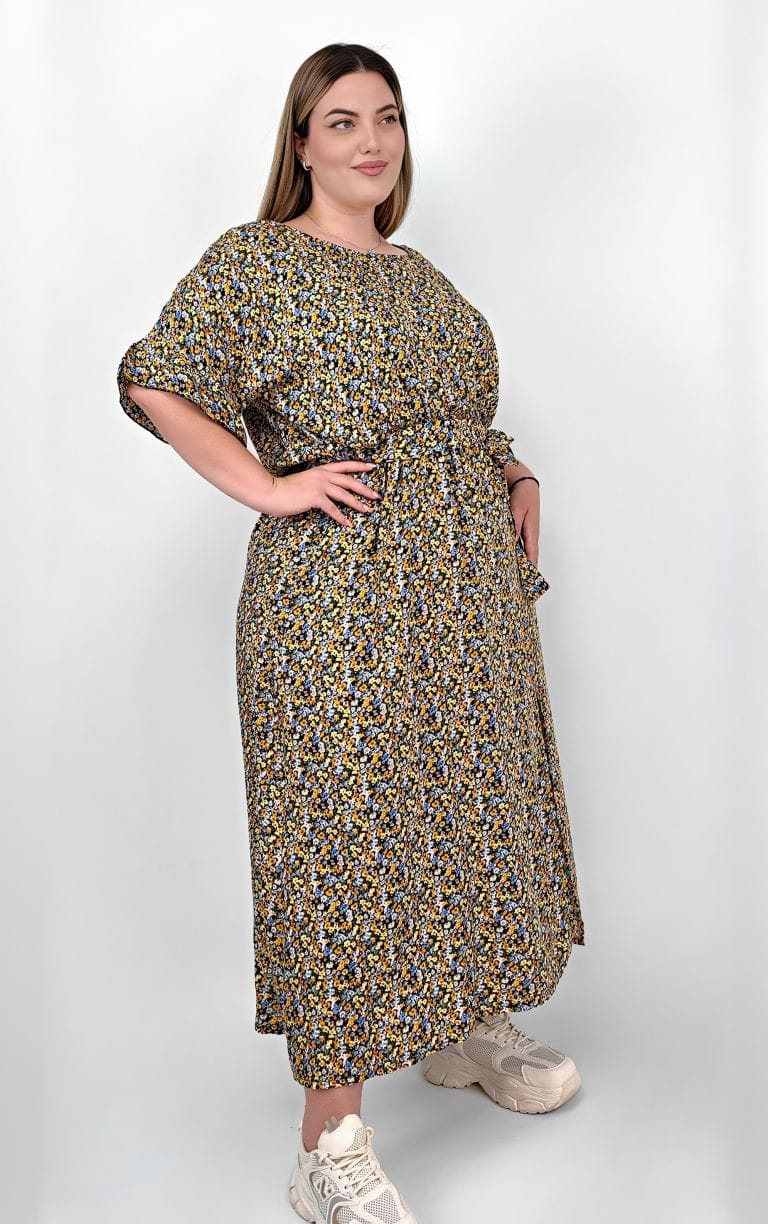 Plus Size Φόρεμα Floral Κίτρινο Μπλε με Ζώνη και Πλάγιο Σκίσιμο