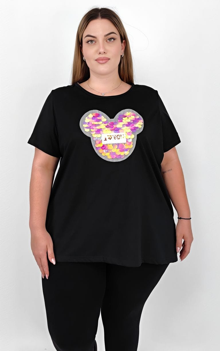 Plus Size Μαύρη Μπλούζα με Παγιέτες σε Σχήμα Mickey