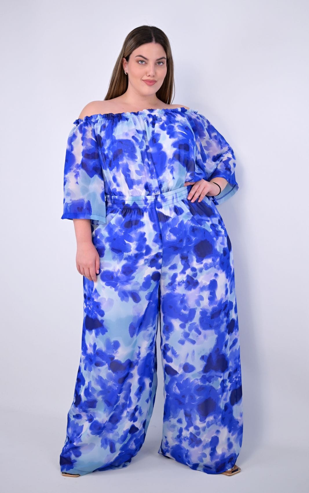 Plus Size Παντελόνα Μπλε Εμπριμέ Ζορζέτα Φαρδιά Γραμμή