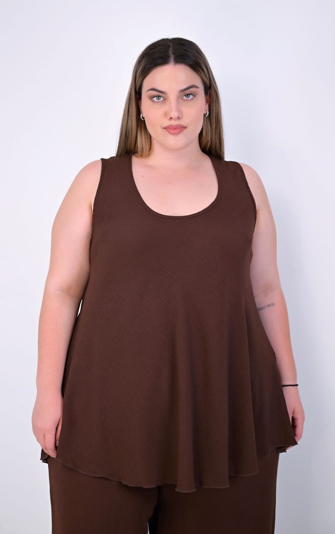 Plus Size Αμάνικη Μπλούζα Καφέ Αλφα Γραμμή | PsX Fashion