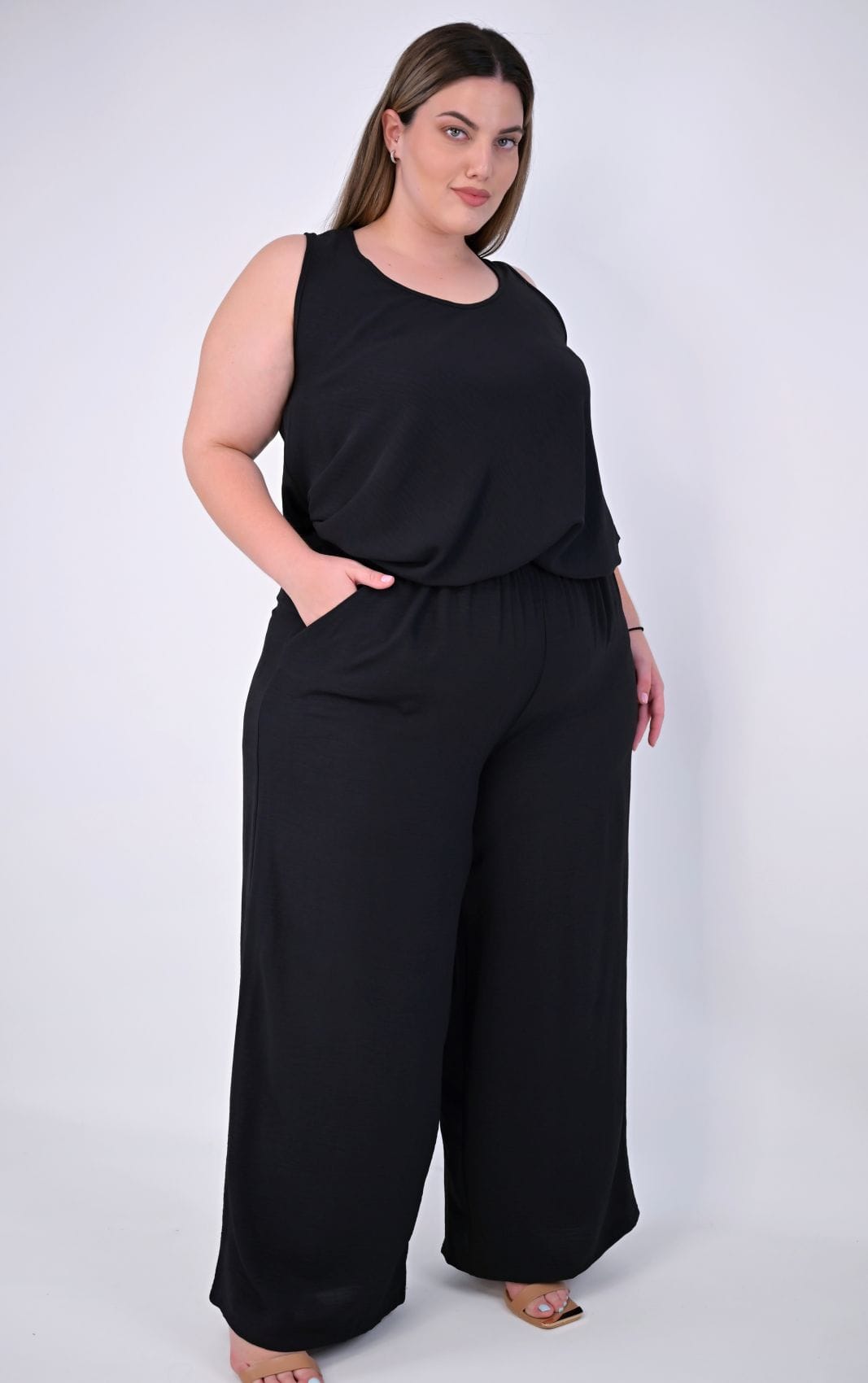 Plus Size Παντελόνα Crinkle Με Wide Leg