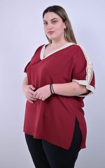 Plus Size Μπορντό Μπλούζα με Δαντέλα και Πλαϊνά Ανοίγματα | PsX Fashion
