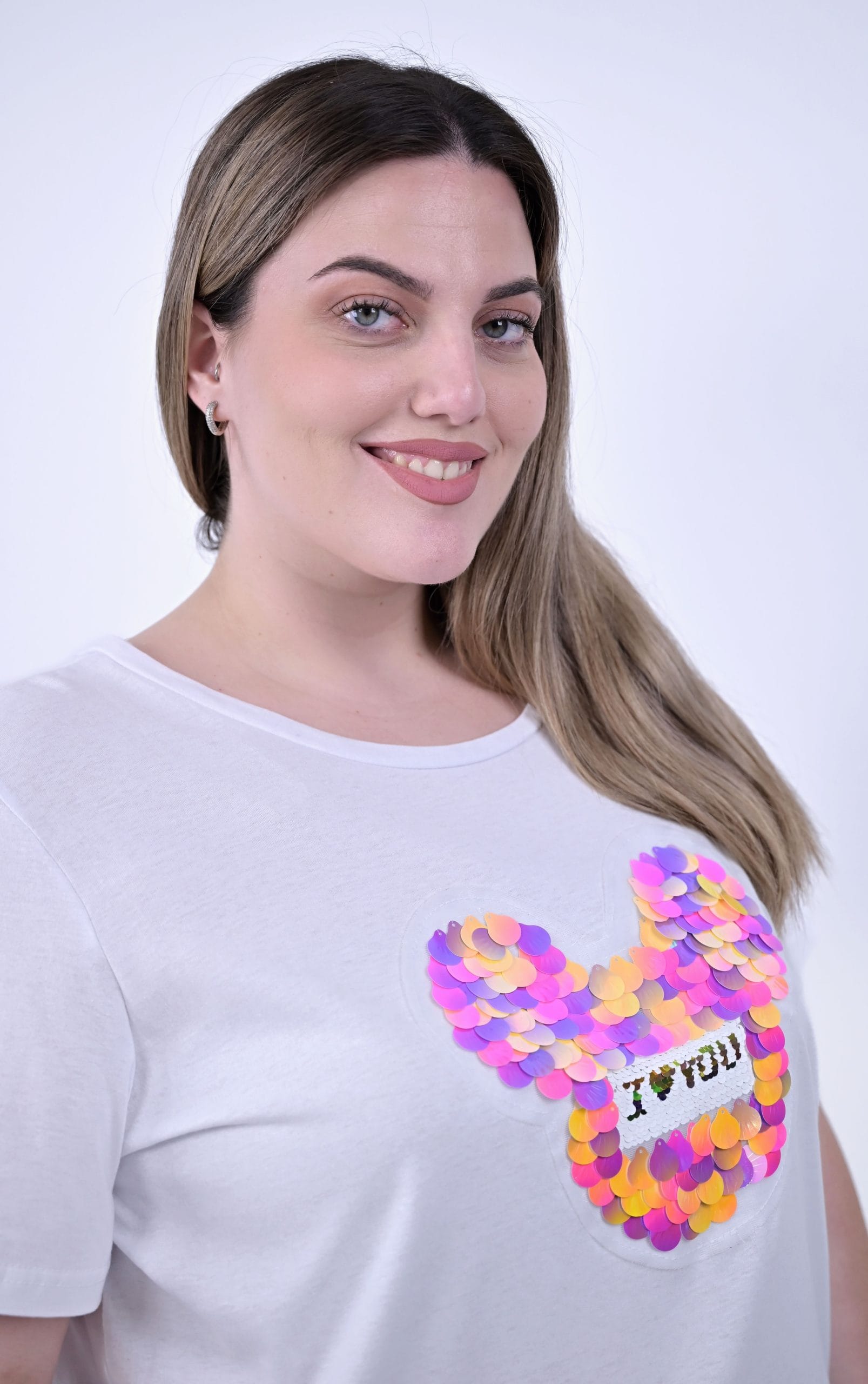 Plus Size Λευκή Μπλούζα με Παγιέτες σε Σχήμα Mickey