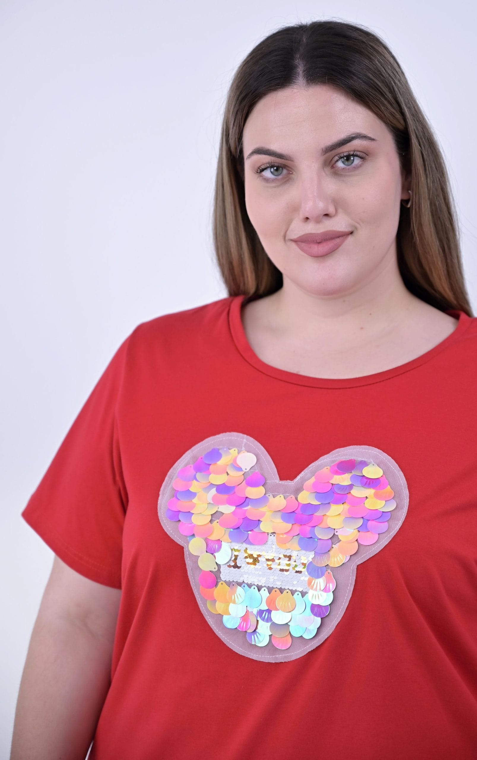 Plus Size Κόκκινη Μπλούζα με Παγιέτες σε Σχήμα Mickey