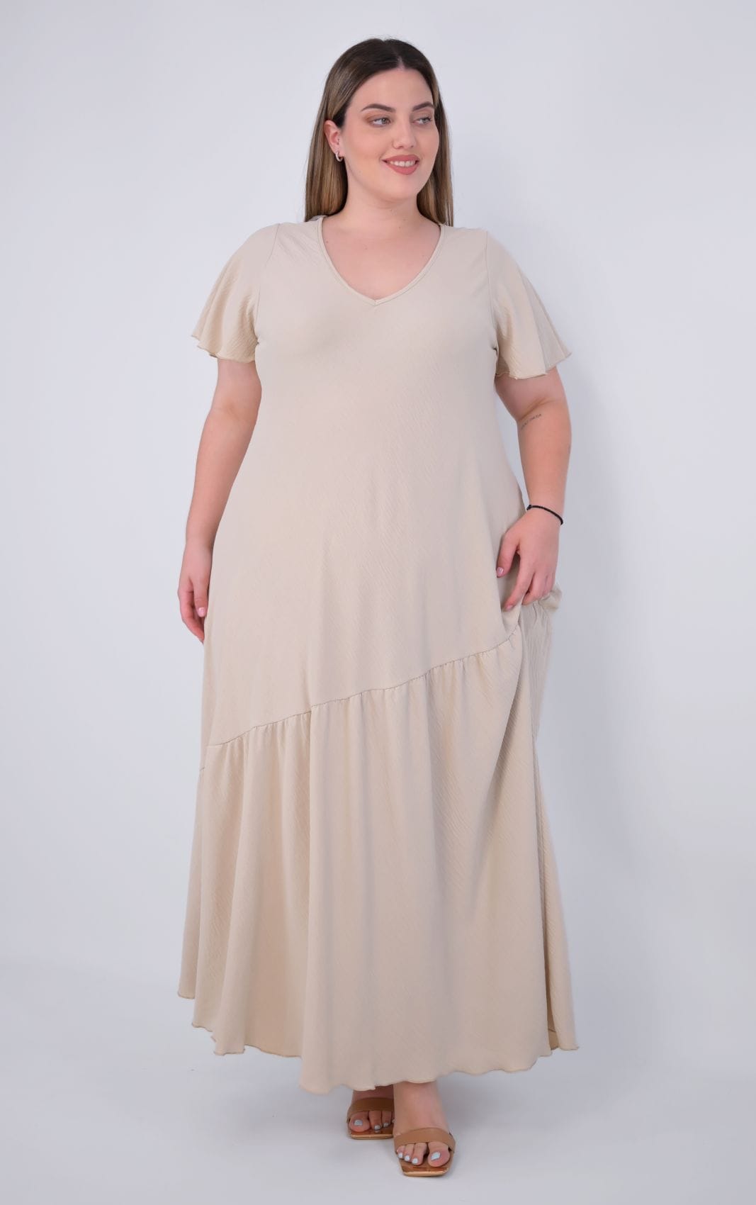 Plus Size Μπεζ Φόρεμα Με Βολάν | PsX Fashion