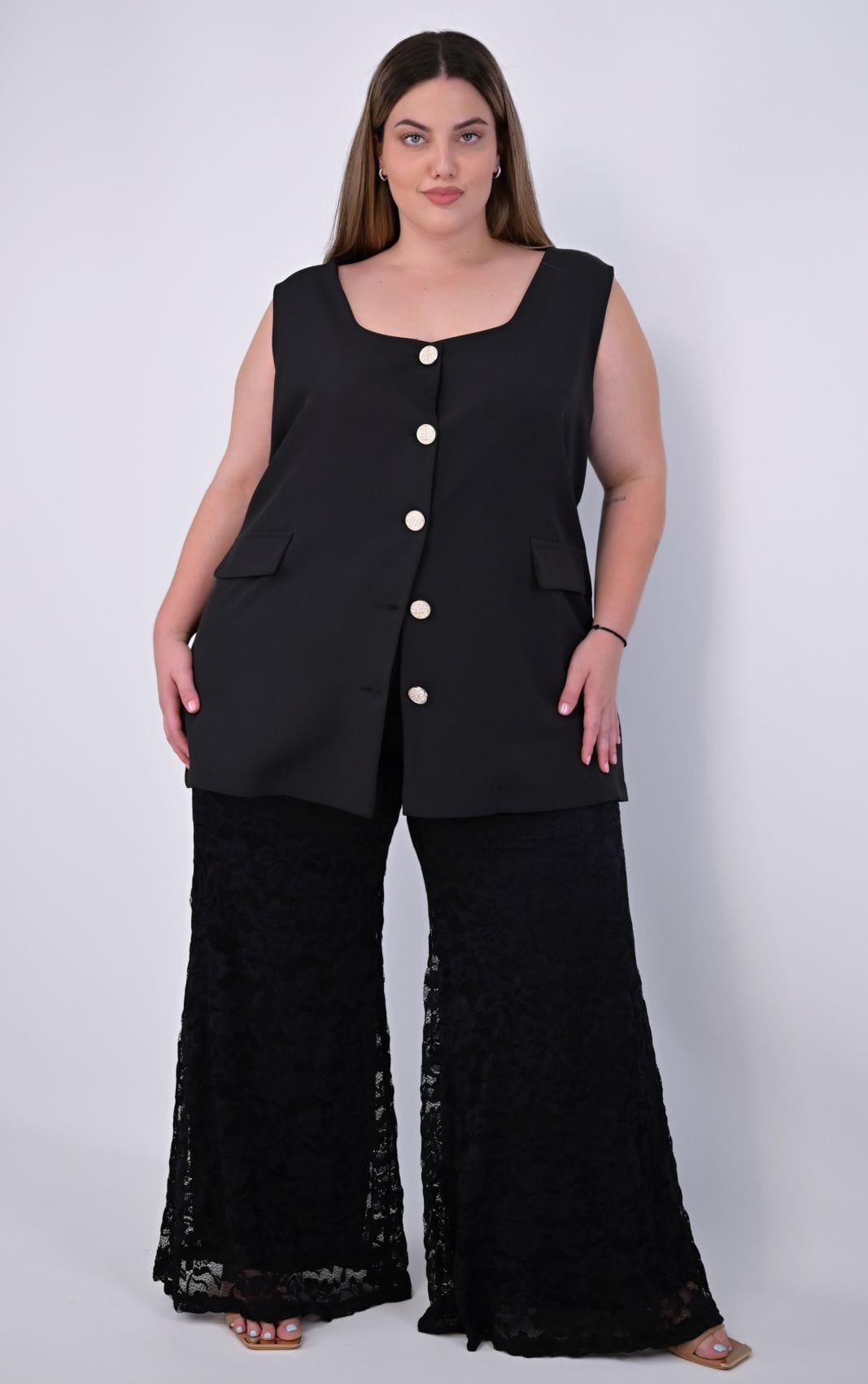 Plus Size Μαύρη Παντελόνα Καμπάνα Δαντέλα | PsX Fashion