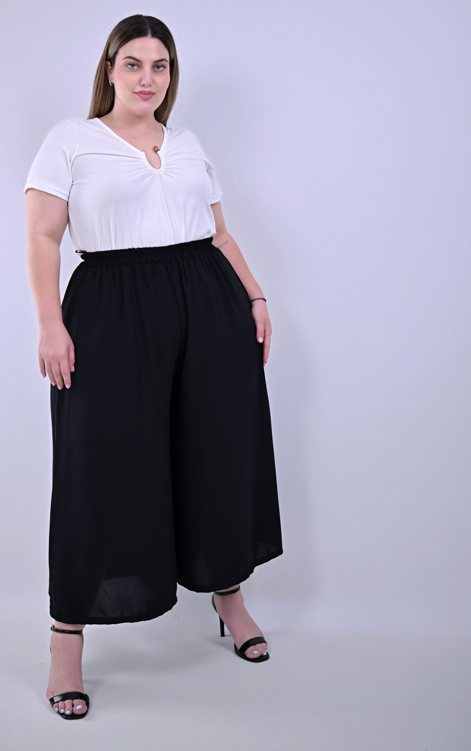 Plus Size Ζιπ Κιλότ Μαύρη με Λάστιχο στη Μέση