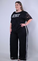 Plus Size Παντελόνα Μαύρη Δαντέλα Με Ρίγα
