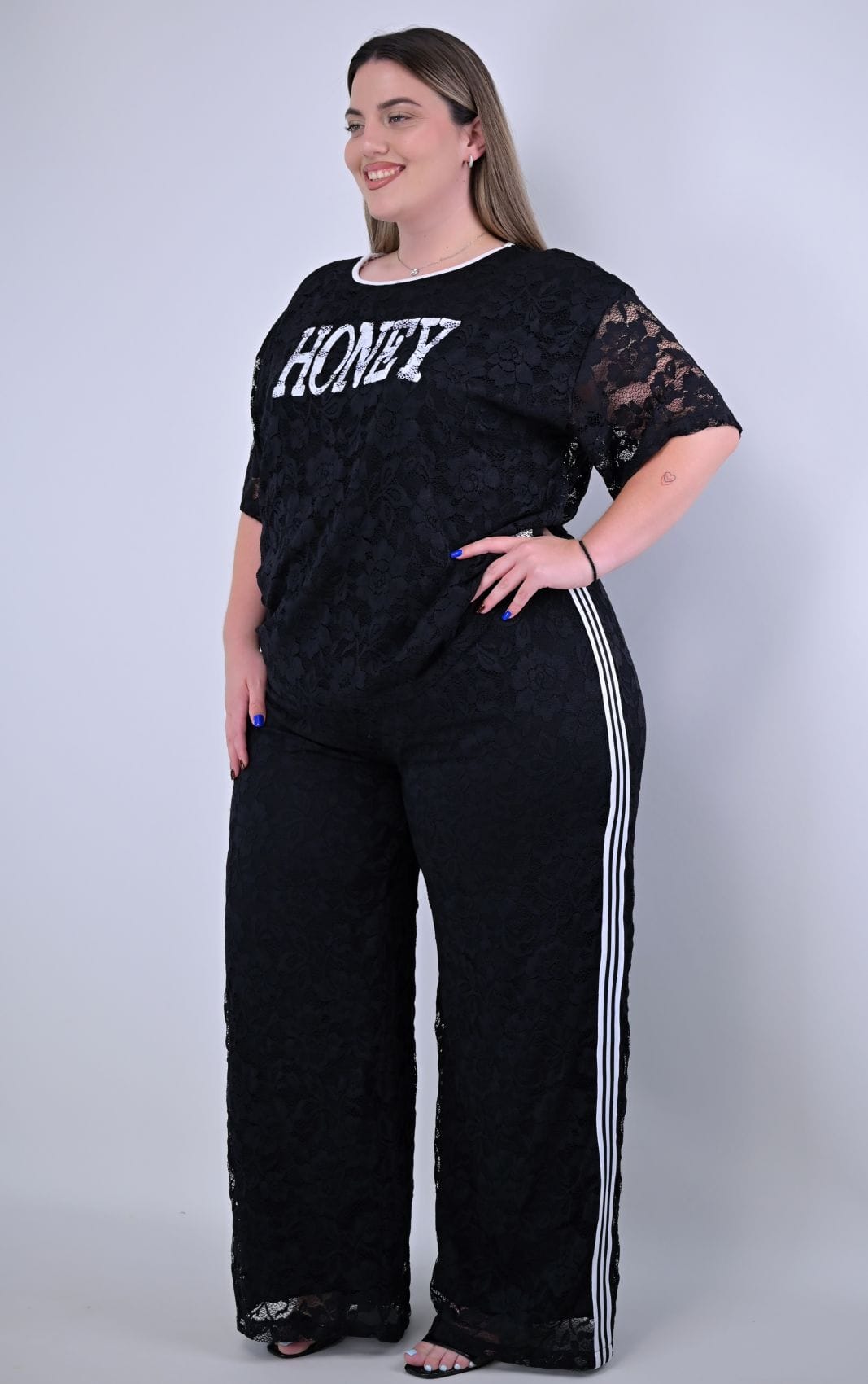 Plus Size Παντελόνα Μαύρη Δαντέλα Με Ρίγα