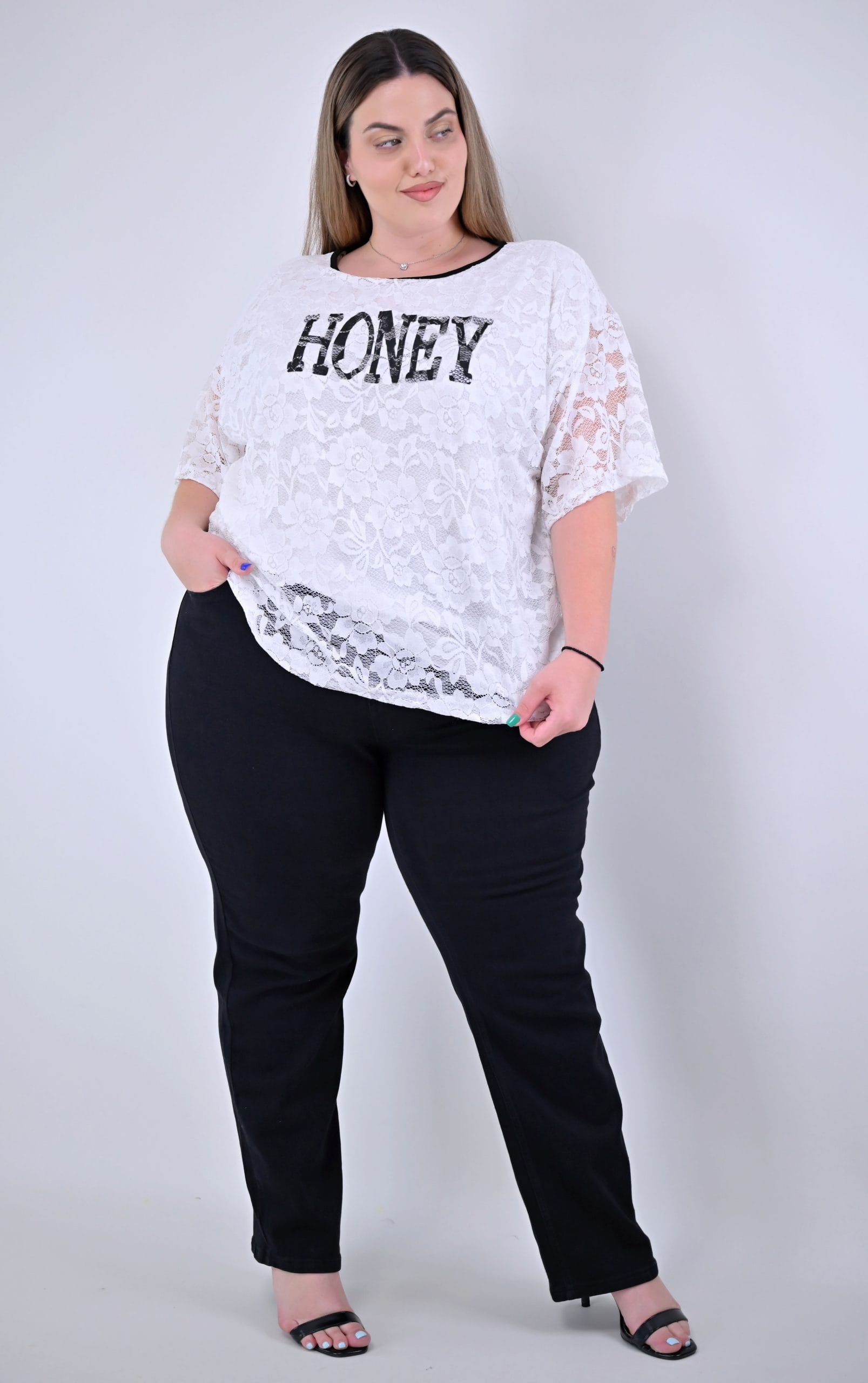 Plus Size Τζιν Παντελόνι Ίσιας Γραμμής Μαύρο