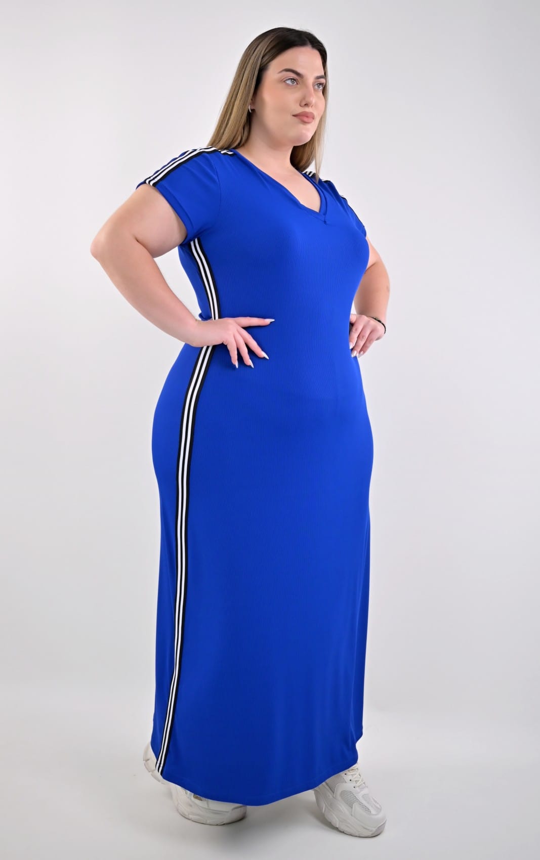 Plus Size Μακρύ Φόρεμα με Ρίγες στο Πλάι | PsX Fashion