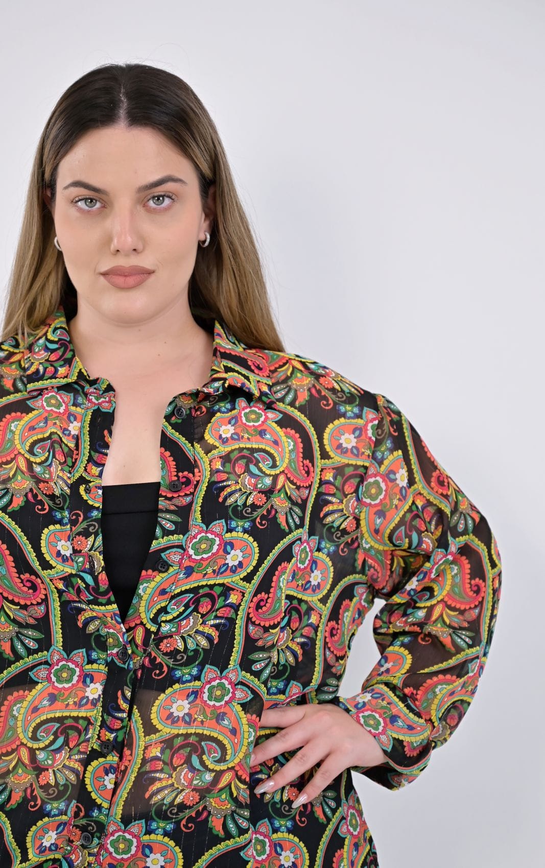 Plus size πουκάμισο ζορζέτα με χρυσοκλωστή