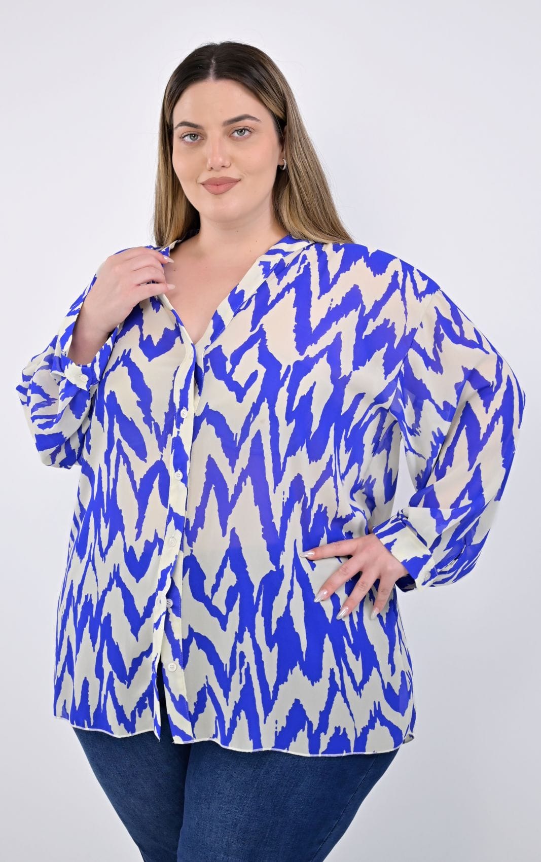 Πουκάμισο Plus Size από Ζορζέτα με Μάο Γιακά & Abstract Print
