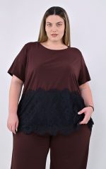 Plus Size Καφέ Μπλούζα με Μαύρη Δαντέλα