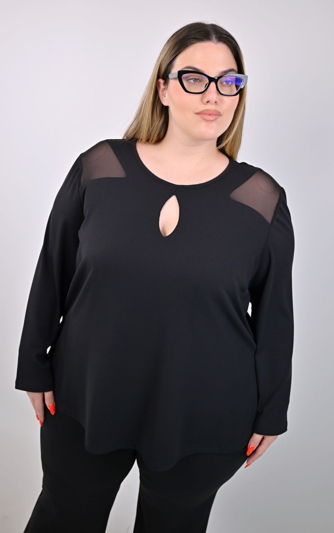 Plus Size Μπλούζα Μαύρη με Δίχτυ & Άνοιγμα | PsX Fashion