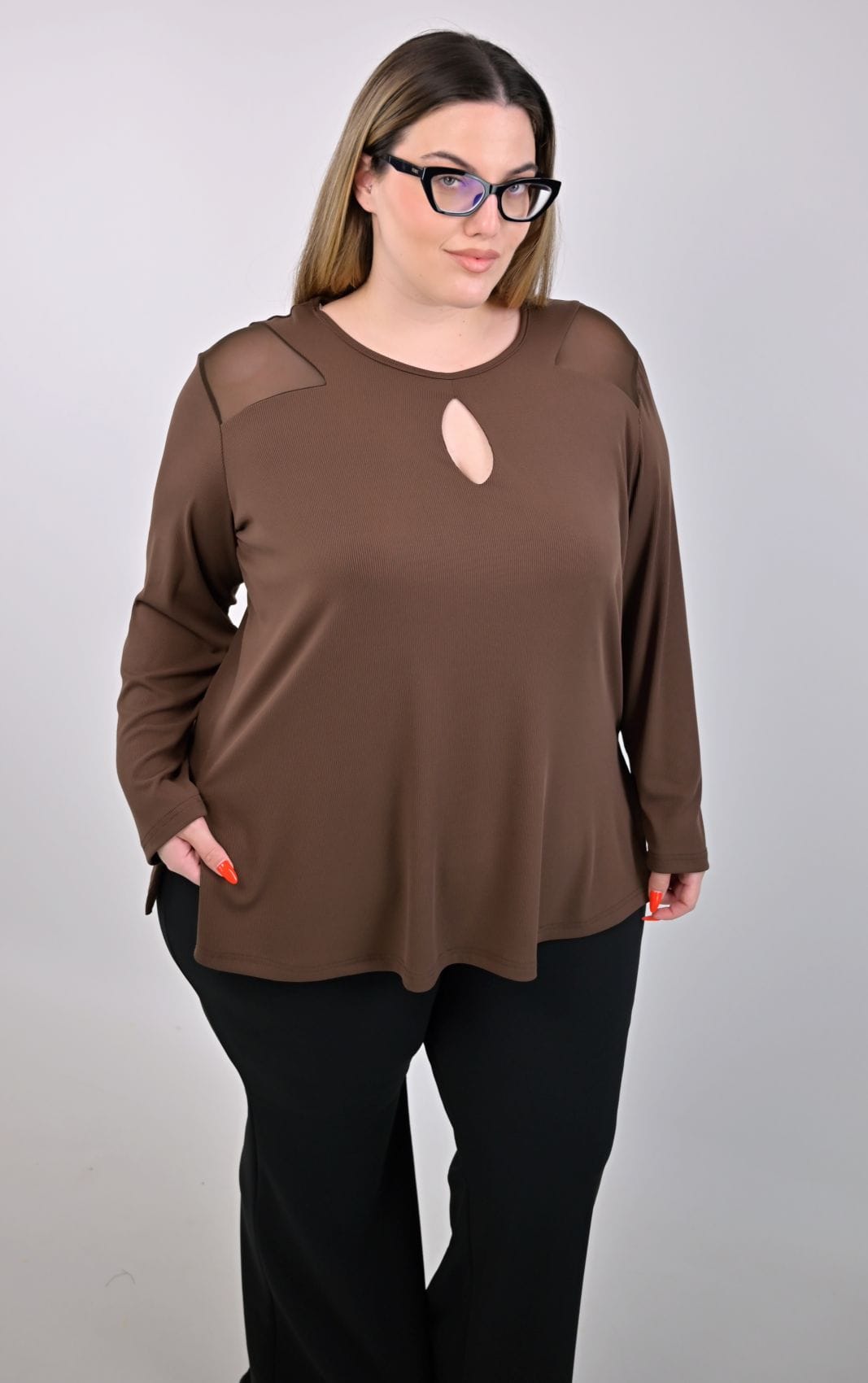 Plus Size Μπλούζα Καφέ με Δίχτυ στους Ώμους | PsX Fashion