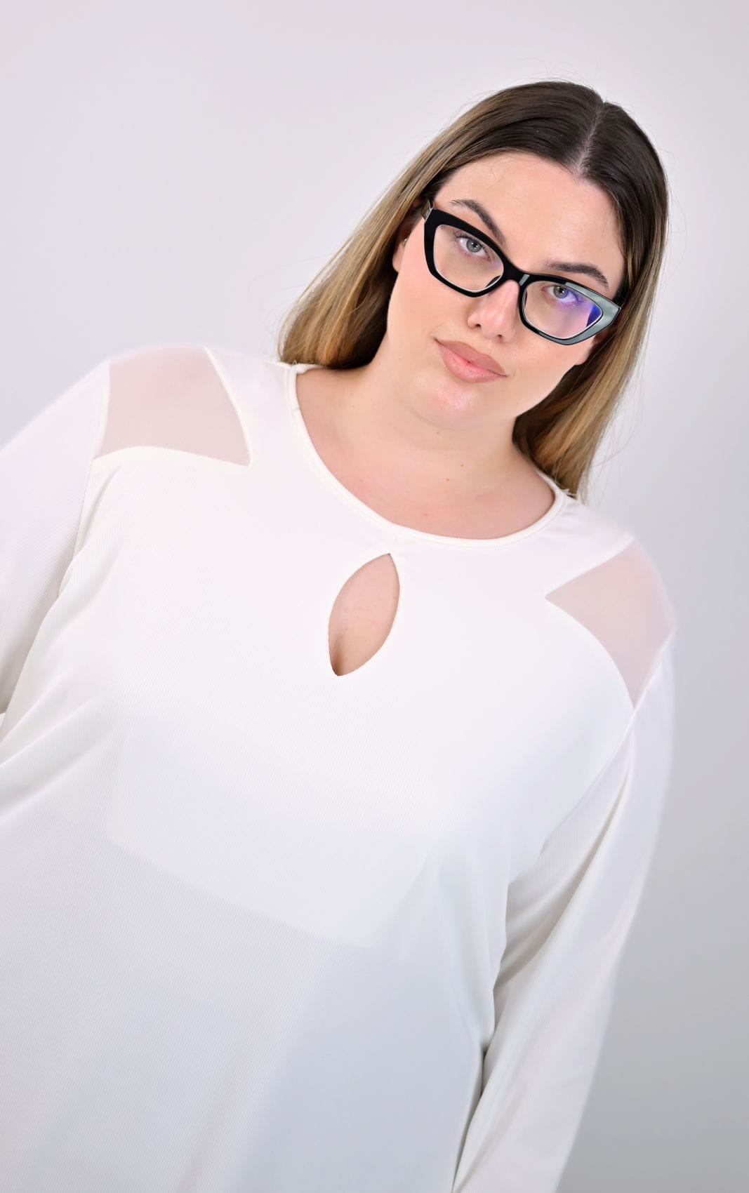 Plus Size Μπλούζα Λευκή με Δίχτυ στους Ώμους | PsX Fashion