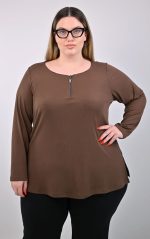 Plus Size Μπλούζα Καφέ με Φερμουάρ | PsX Fashion